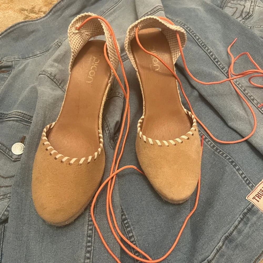 Tan Suede Lace-Up Espadrille Flats with Coral Ties